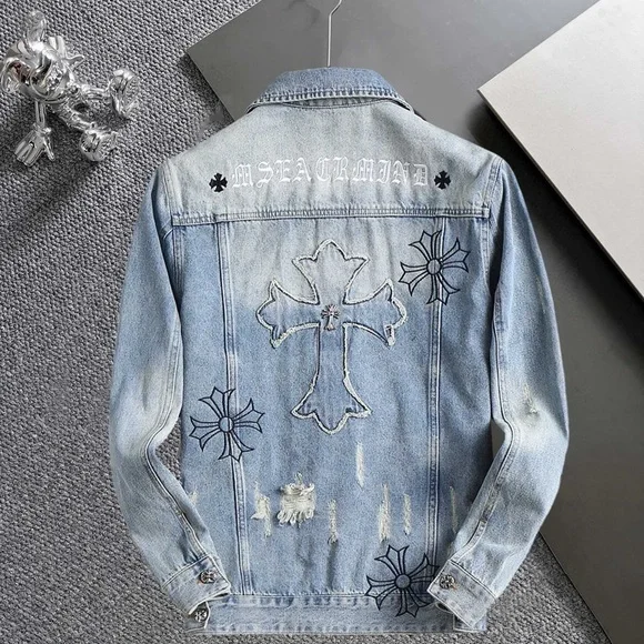 Chrome Hearts Distressed Denim Jacket with Embroidery